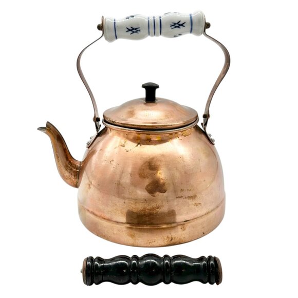 Vintage Copper Tea Kettle With Porcelain and Wooden Interchangeable Handles - Picture 1 of 9